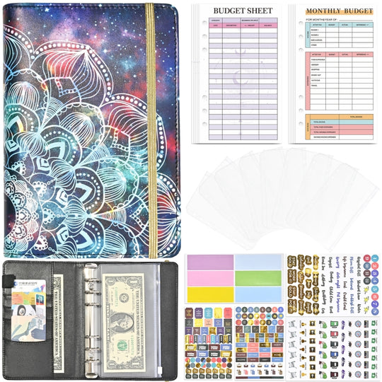 A6 Mandala Binder Financial Plan Notebook PU Leather Cash Budget Book(Star Black)
