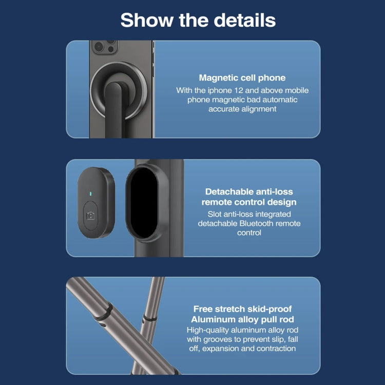 Magnetic Selfie Stick Tripod Handheld Stabilizer Rod With Remote Controller(Black) - Selfie Sticks by buy2fix | Online Shopping UK | buy2fix