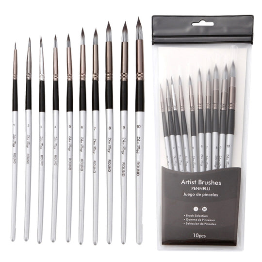 10 In 1 Nylon Hair Watercolor Paint Brush Set Wooden Handle Round Pointed Acrylic Painting Pens(Silver Black)