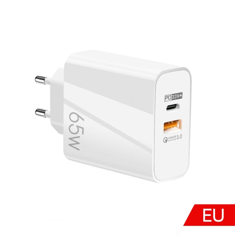 A502 65W USB-C/Type-C+USB Dual Port GaN Charger QC3.0 Laptop Universal Charger EU Plug White by buy2fix