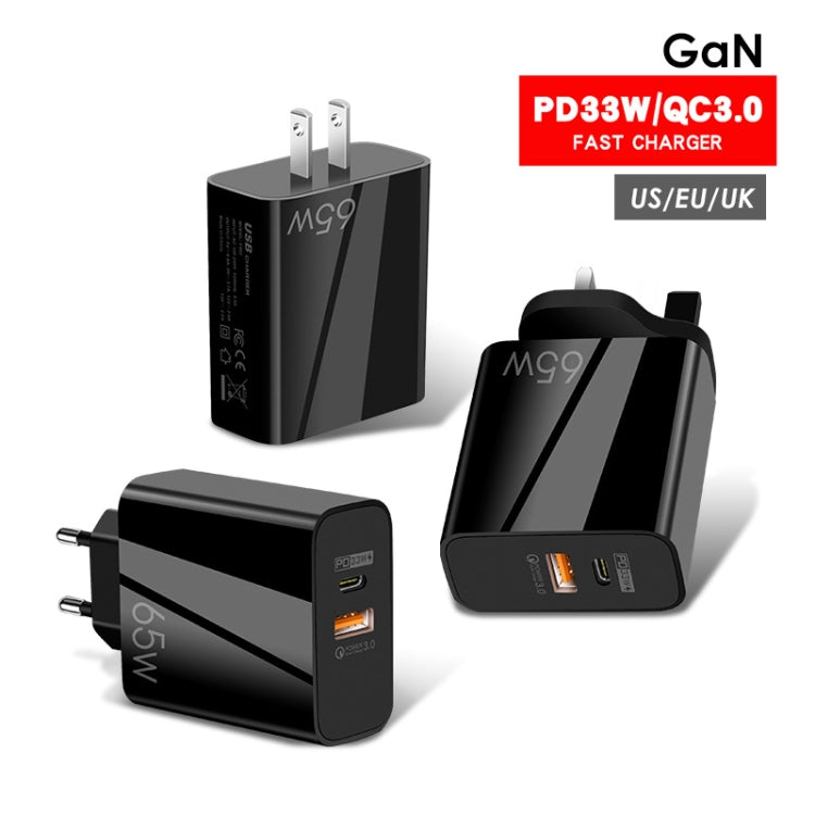 A502 65W USB-C/Type-C+USB Dual Port GaN Charger QC3.0 Laptop Universal Charger US Plug Black by buy2fix