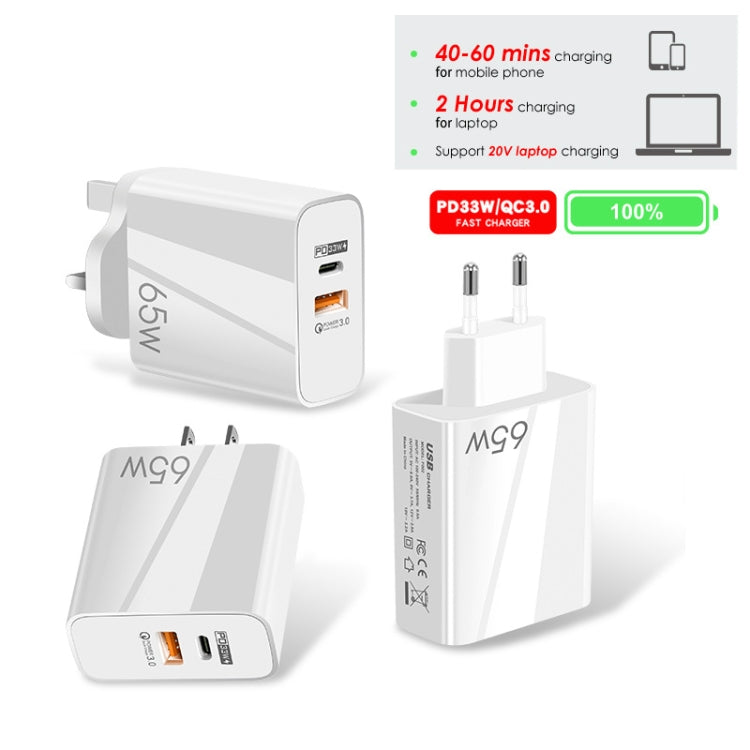 A502 65W USB-C/Type-C+USB Dual Port GaN Charger QC3.0 Laptop Universal Charger US Plug White by buy2fix