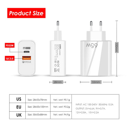 A502 65W USB-C/Type-C+USB Dual Port GaN Charger QC3.0 Laptop Universal Charger US Plug White by buy2fix