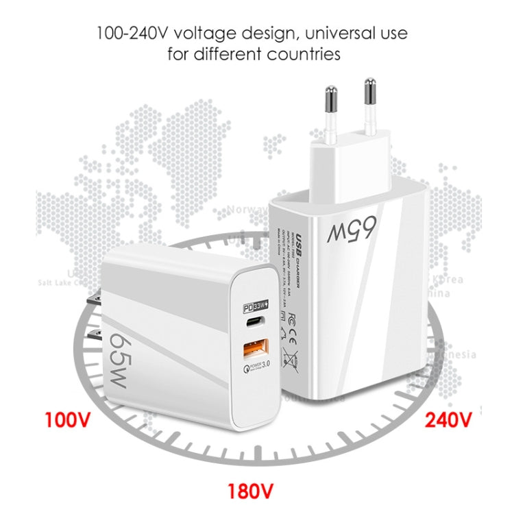 A502 65W USB-C/Type-C+USB Dual Port GaN Charger QC3.0 Laptop Universal Charger US Plug White by buy2fix