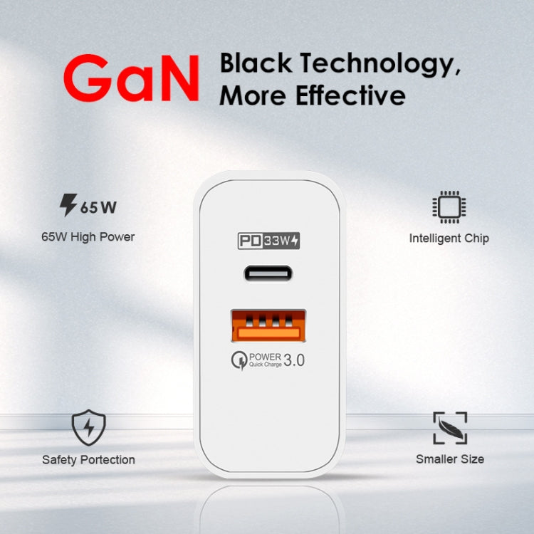 A502 65W USB-C/Type-C+USB Dual Port GaN Charger QC3.0 Laptop Universal Charger UK Plug White by buy2fix