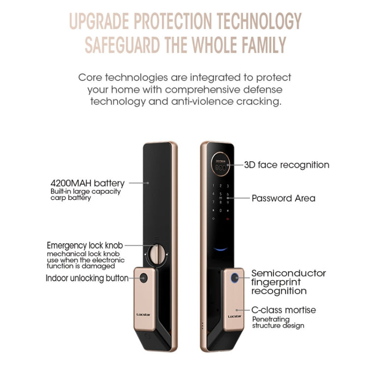 T100A 3D Face Recognition Fingerprint Code Card Digital Door Lock(Rose Gold) by buy2fix