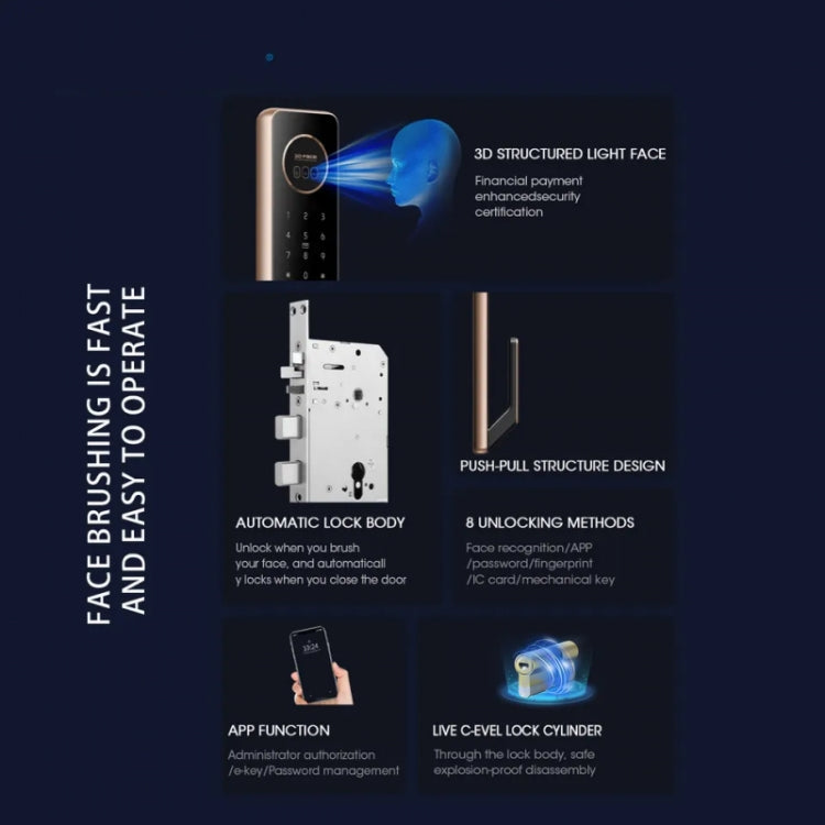 T100A 3D Face Recognition Fingerprint Code Card Digital Door Lock(Rose Gold) by buy2fix