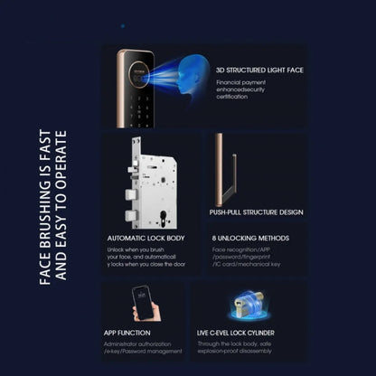 T100A 3D Face Recognition Fingerprint Code Card Digital Door Lock(Rose Gold) by buy2fix