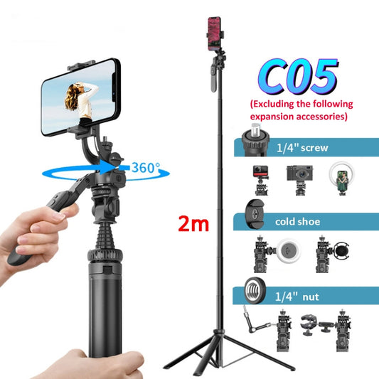 2m Metal Tripod Selfie Stick With 4 Expansion Interfaces for Phone Camera(Black) - Selfie Sticks by buy2fix | Online Shopping UK | buy2fix