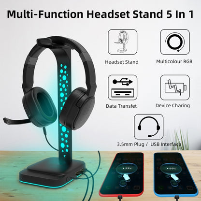 3.5mm Audio RGB Illuminated Headset Holder Dual USB Gaming Headset Display Rack(With Headphone Jack Black) by buy2fix