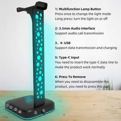 3.5mm Audio RGB Illuminated Headset Holder Dual USB Gaming Headset Display Rack(With Headphone Jack Black) by buy2fix