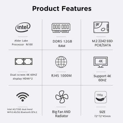 N100/DDR5 12th AlderLake-N100 Dual 4K60Hz Office And Home Mini PC, Spec: 12G+256G /UK Plug by buy2fix