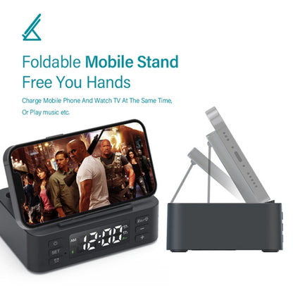 Wireless Charger Alarm Clock Foldable Mobile Stand With Pen Holder & Dual USB +1 Type-C Output(Black) by buy2fix