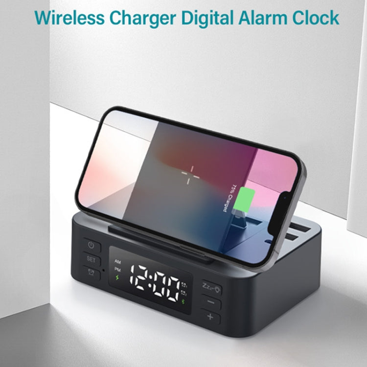 Wireless Charger Alarm Clock Foldable Mobile Stand With Pen Holder & Dual USB +1 Type-C Output(Black) by buy2fix