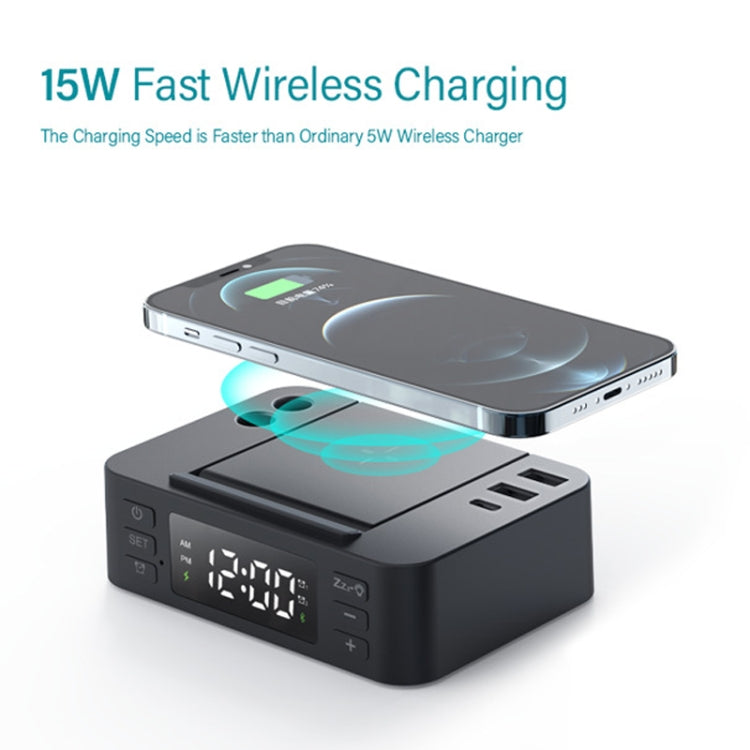 Wireless Charger Alarm Clock Foldable Mobile Stand With Pen Holder & Dual USB +1 Type-C Output(Black) by buy2fix
