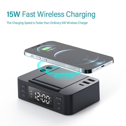Wireless Charger Alarm Clock Foldable Mobile Stand With Pen Holder & Dual USB +1 Type-C Output(Black) by buy2fix