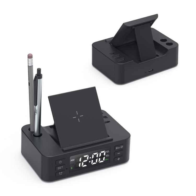 Wireless Charger Alarm Clock Foldable Mobile Stand With Pen Holder & Dual USB +1 Type-C Output(Black) by buy2fix