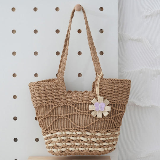 Knitting Straw Shoulder Bag Hollow Wave Large Capacity Tote Bag With Lining(Light Brown)