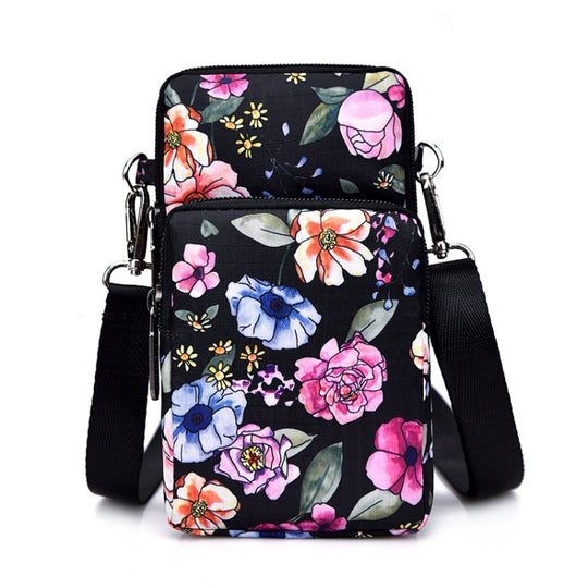 Printed Crossbody Mobile Phone Bag Mini Wallet With Arm Band, Style: Black Flower1