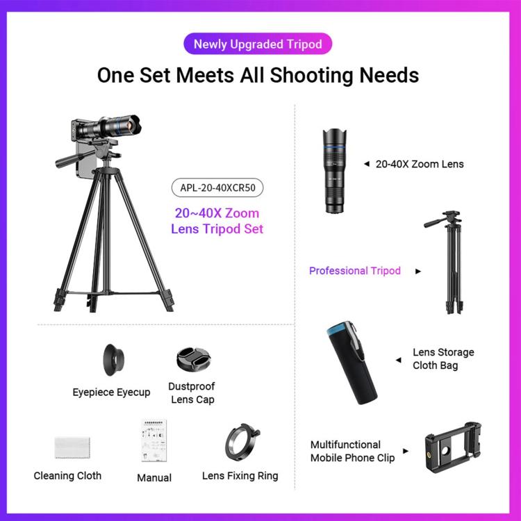 APEXEL APL-20-40XCR50 20-40X Phone Zoom Lens Kit with Adjustable 42-129cm Tripod HD Telephoto Lens for Moon, Concert Photography - Lens & Accessories by APEXEL | Online Shopping UK | buy2fix