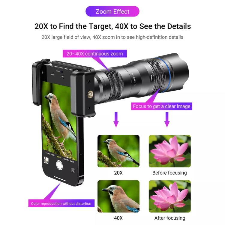 APEXEL APL-20-40XCR50 20-40X Phone Zoom Lens Kit with Adjustable 42-129cm Tripod HD Telephoto Lens for Moon, Concert Photography - Lens & Accessories by APEXEL | Online Shopping UK | buy2fix