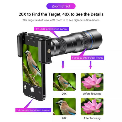 APEXEL APL-20-40XCR50 20-40X Phone Zoom Lens Kit with Adjustable 42-129cm Tripod HD Telephoto Lens for Moon, Concert Photography - Lens & Accessories by APEXEL | Online Shopping UK | buy2fix