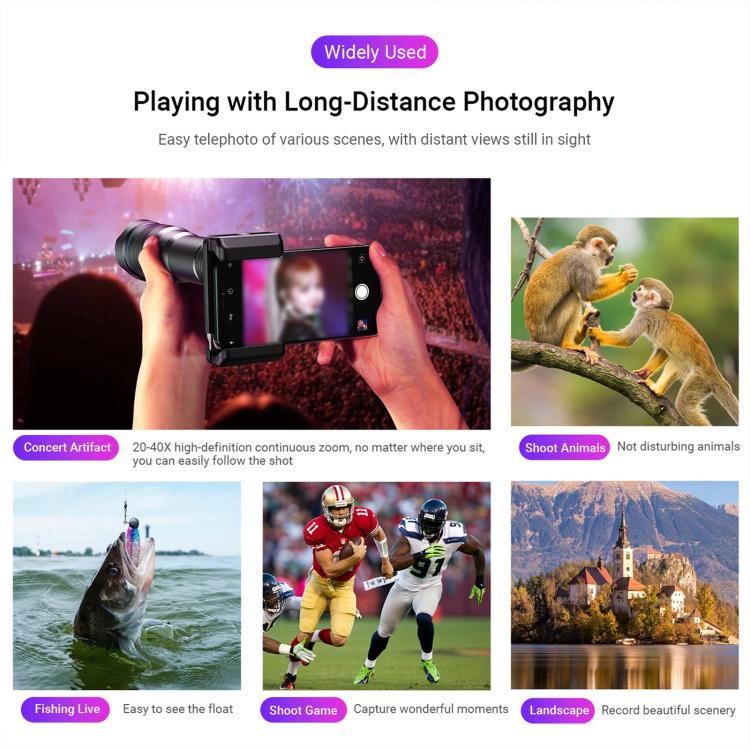 APEXEL APL-20-40XCR50 20-40X Phone Zoom Lens Kit with Adjustable 42-129cm Tripod HD Telephoto Lens for Moon, Concert Photography - Lens & Accessories by APEXEL | Online Shopping UK | buy2fix