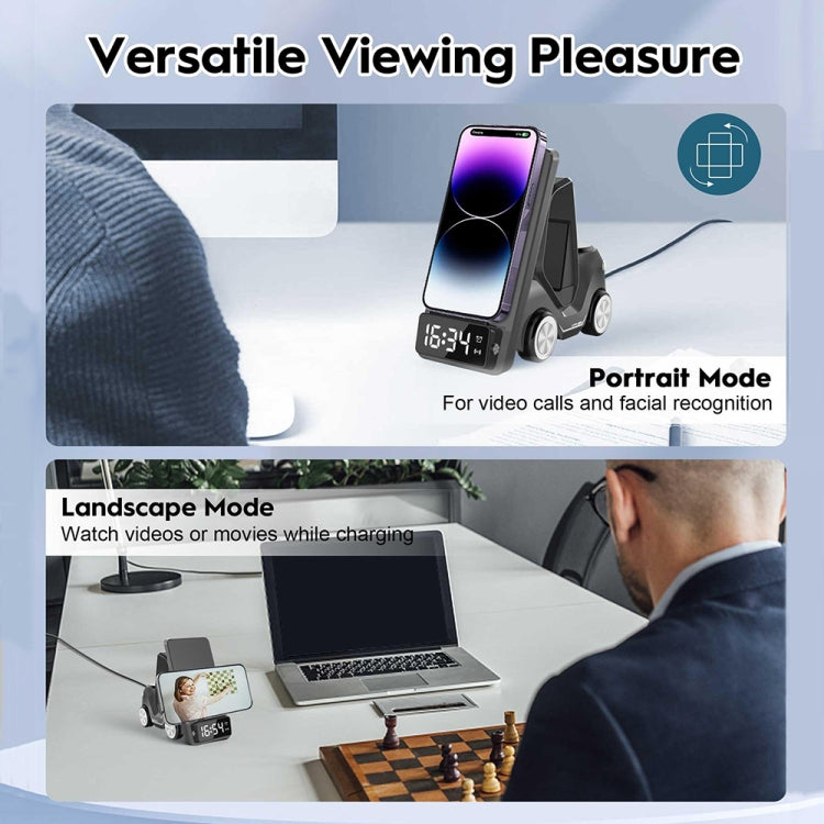 T20 5-in-1 Car-shaped Desktop Alarm Clock Wireless Charger with Atmosphere Light(White) by buy2fix