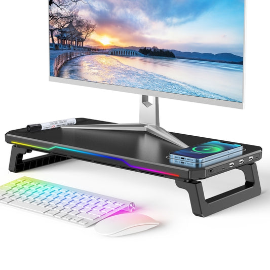 RGB Computer Monitor Stand Riser 3 USB 2.0 +1 Type-C Ports, Spec: Wireless Charging Black by buy2fix