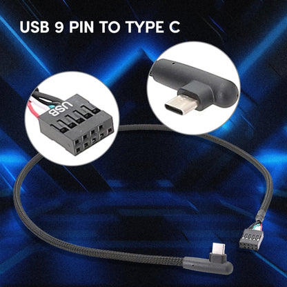 60cm Motherboard USB 9Pin To Type-C Elbow Data Cable Braided Network Cable(Black) by buy2fix