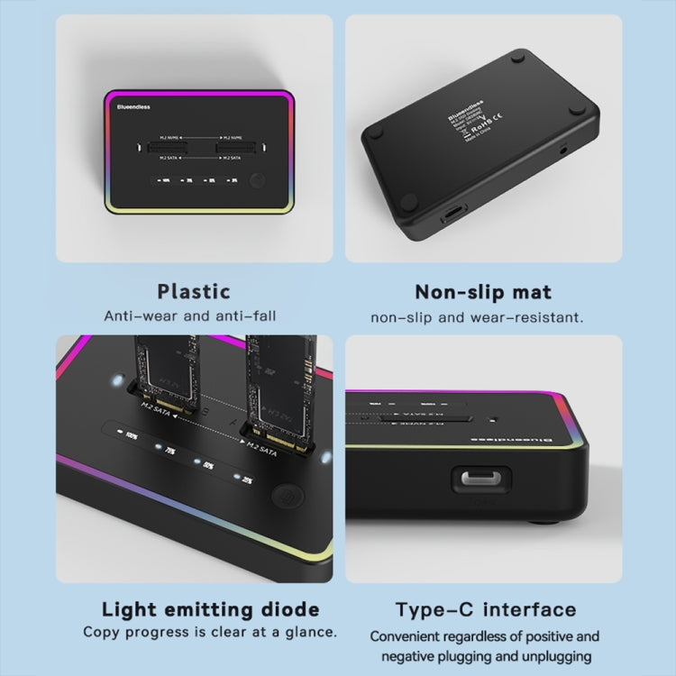 RGB Dual NVME or Dual SATA Blueendless M.2 Dual-Slot Hard Drive Base Solid State Hard Drive Box, US Plug by buy2fix
