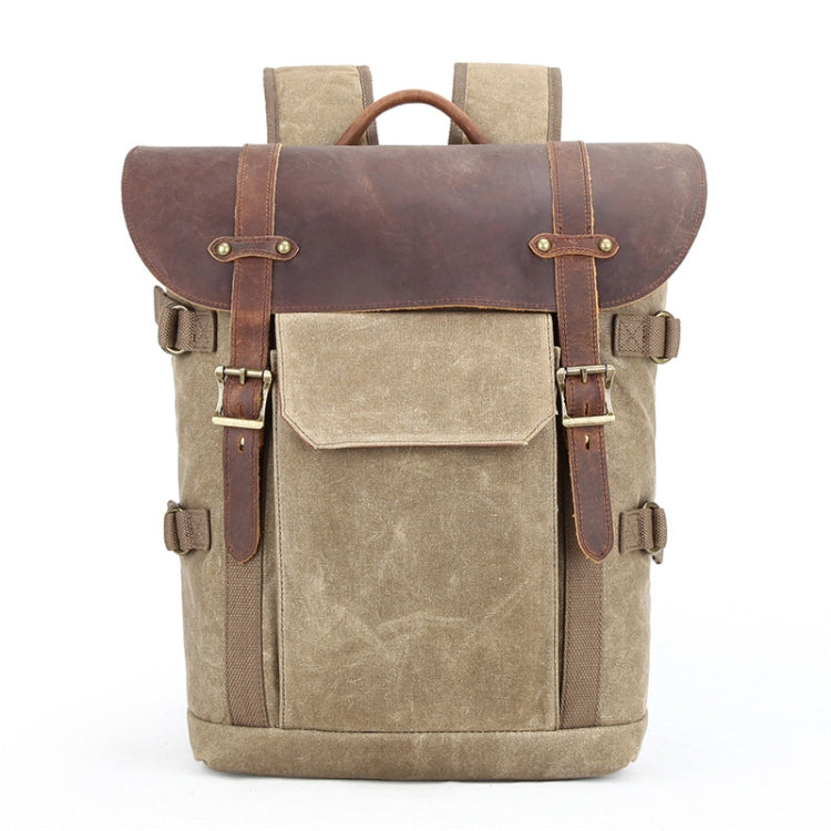 Vintage Camera Bag Waterproof Canvas Backpack with Laptop Compartment Tripod Holder(Khaki) by buy2fix