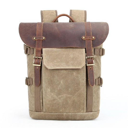 Vintage Camera Bag Waterproof Canvas Backpack with Laptop Compartment Tripod Holder(Khaki) by buy2fix