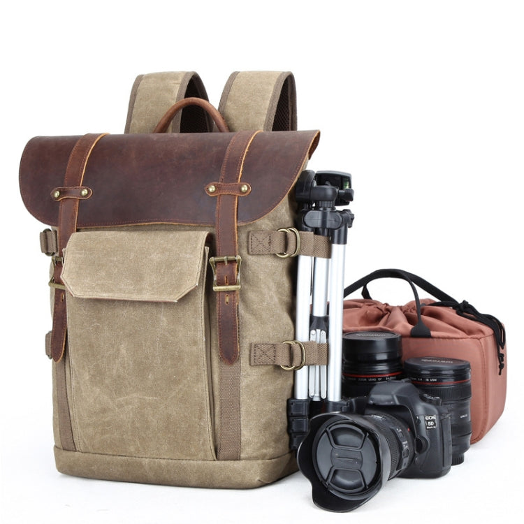 Vintage Camera Bag Waterproof Canvas Backpack with Laptop Compartment Tripod Holder(Khaki) by buy2fix