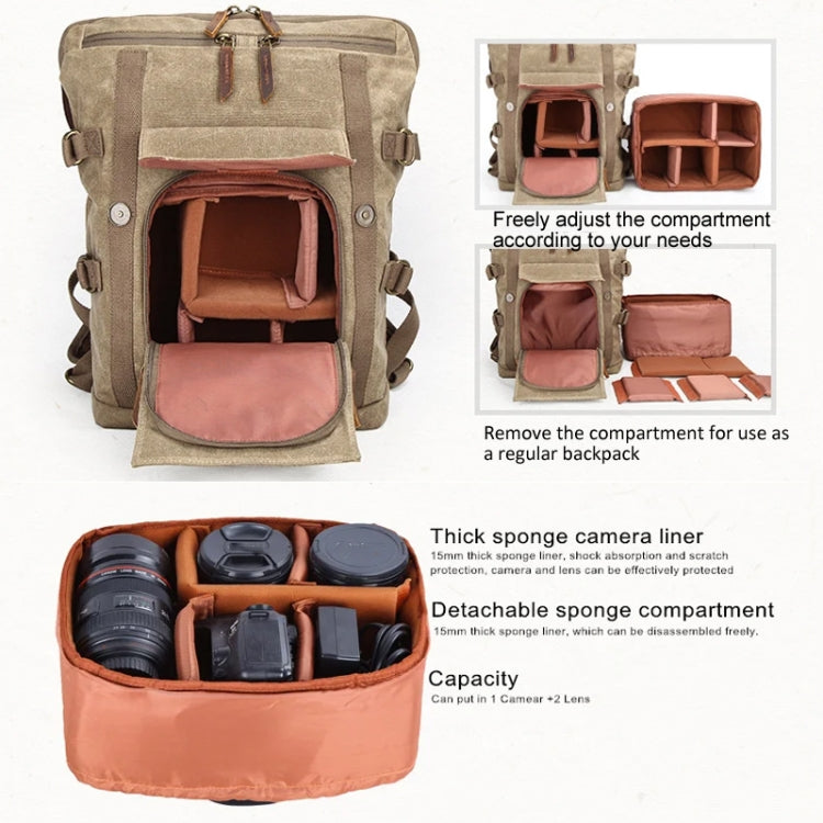 Vintage Camera Bag Waterproof Canvas Backpack with Laptop Compartment Tripod Holder(Khaki) by buy2fix