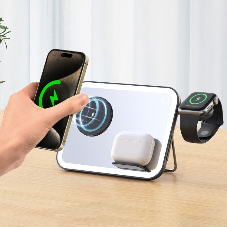 15W 3-in-1 MagSafe Magnetic Folding LED Makeup Mirror Night Light Wireless Charger(Black) by buy2fix