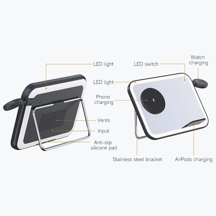 15W 3-in-1 MagSafe Magnetic Folding LED Makeup Mirror Night Light Wireless Charger(Black) by buy2fix
