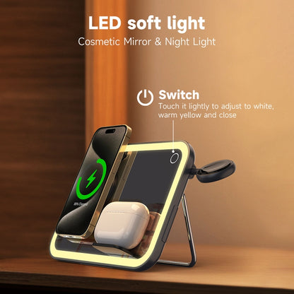 15W 3-in-1 MagSafe Magnetic Folding LED Makeup Mirror Night Light Wireless Charger(Black) by buy2fix