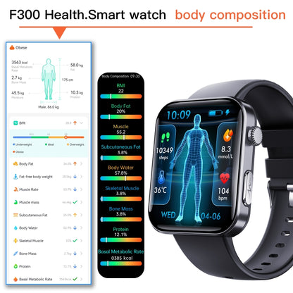 F300 2.1-Inch Screen Smart Watch Supports Bluetooth Calls/ECG/Blood Composition Analysis/50+ Sports Modes, Color: Black Milan by buy2fix