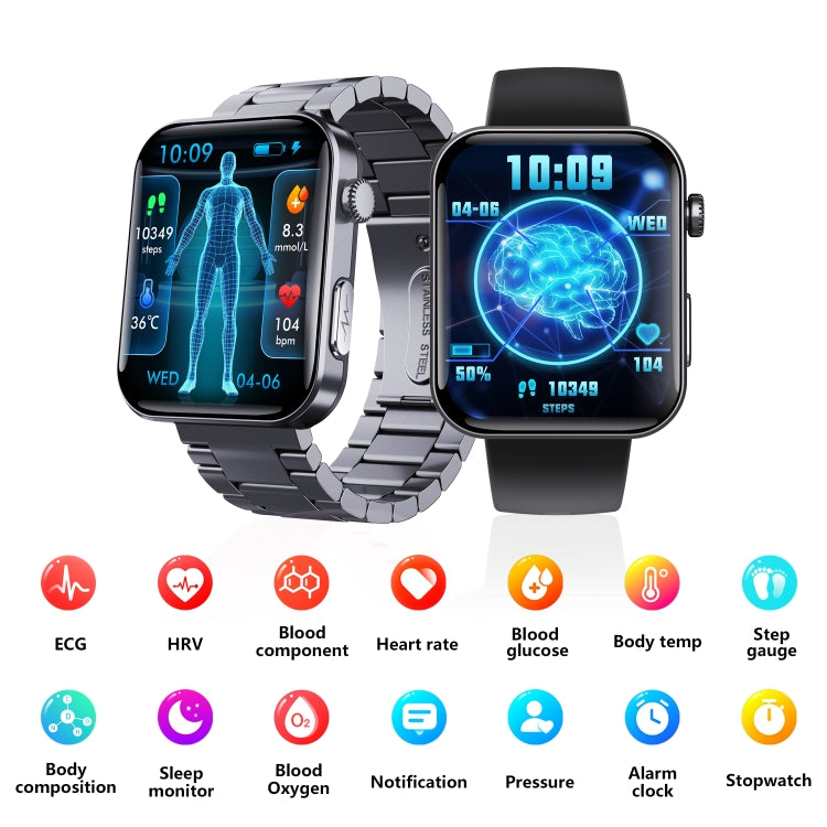 F300 2.1-Inch Screen Smart Watch Supports Bluetooth Calls/ECG/Blood Composition Analysis/50+ Sports Modes, Color: Black 3-Beads Steel by buy2fix