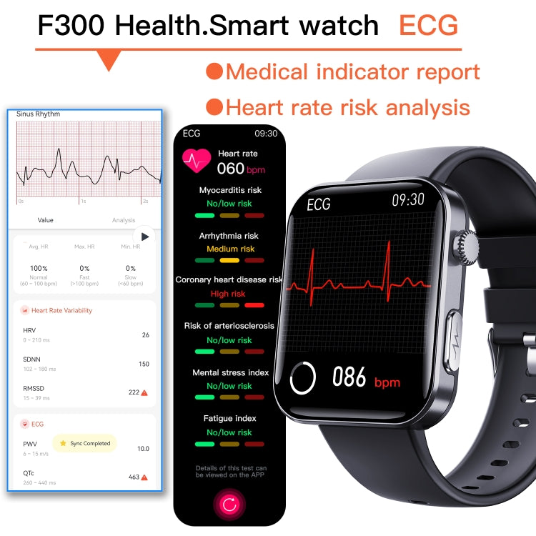 F300 2.1-Inch Screen Smart Watch Supports Bluetooth Calls/ECG/Blood Composition Analysis/50+ Sports Modes, Color: Black Gray Silicone by buy2fix