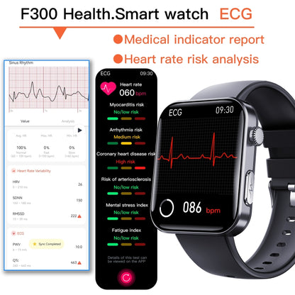 F300 2.1-Inch Screen Smart Watch Supports Bluetooth Calls/ECG/Blood Composition Analysis/50+ Sports Modes, Color: Black Gray Silicone by buy2fix