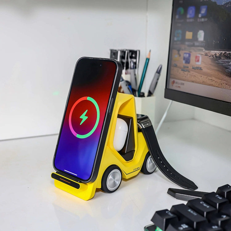 T20S 3-In-1 15W Small Forklift-Shaped Desktop Wireless Charger With LED Atmosphere Light(Yellow) by buy2fix