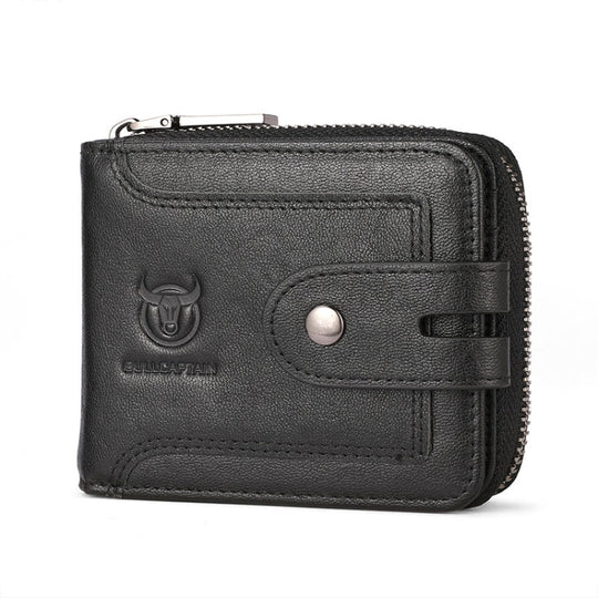 BULL CAPTAIN 232 RFID Anti-Theft Cowhide Men Zipper Wallet Vintage Business Card Holder(Black)
