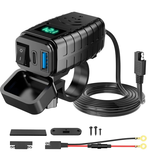 PD3.0 Motorcycle USB Mobile Phone Charger Digital Voltage Meter with Switch(Green Screen)