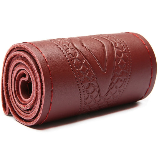 38cm Four-Season Embossed Hand-Sewn Cowhide Steering Wheel Cover(Wine Red)