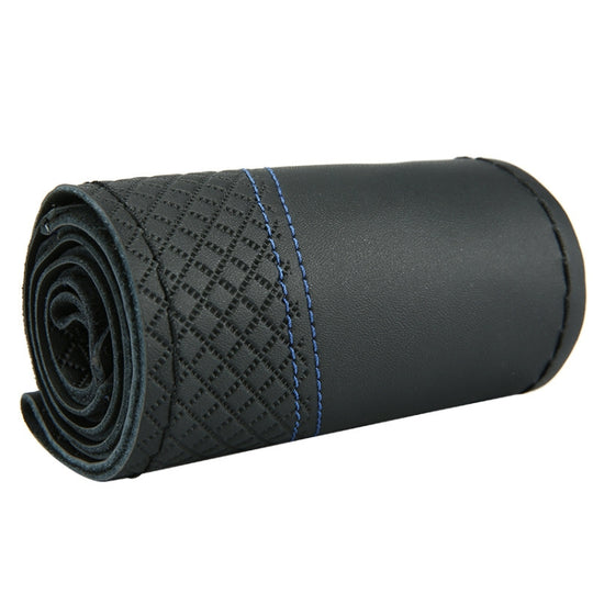 38cm Cowhide Embossed Hand-Stitched Double-Line Steering Wheel Cover(Black Blue Line)