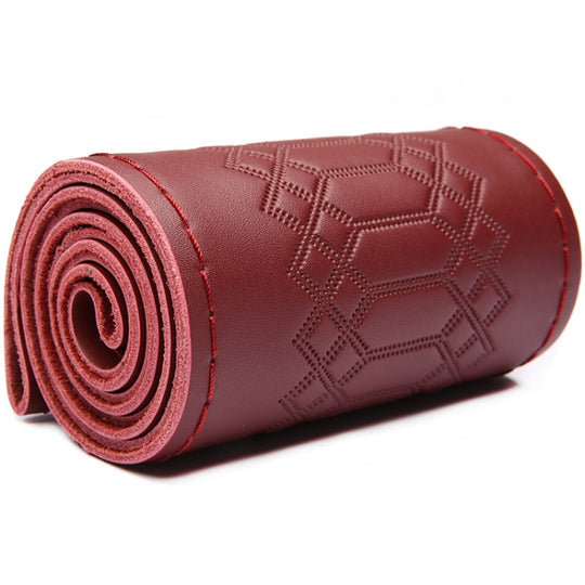 38cm Four-season Embossed Hand-sewn Cowhide Steering Wheel Cover(Wine Red)
