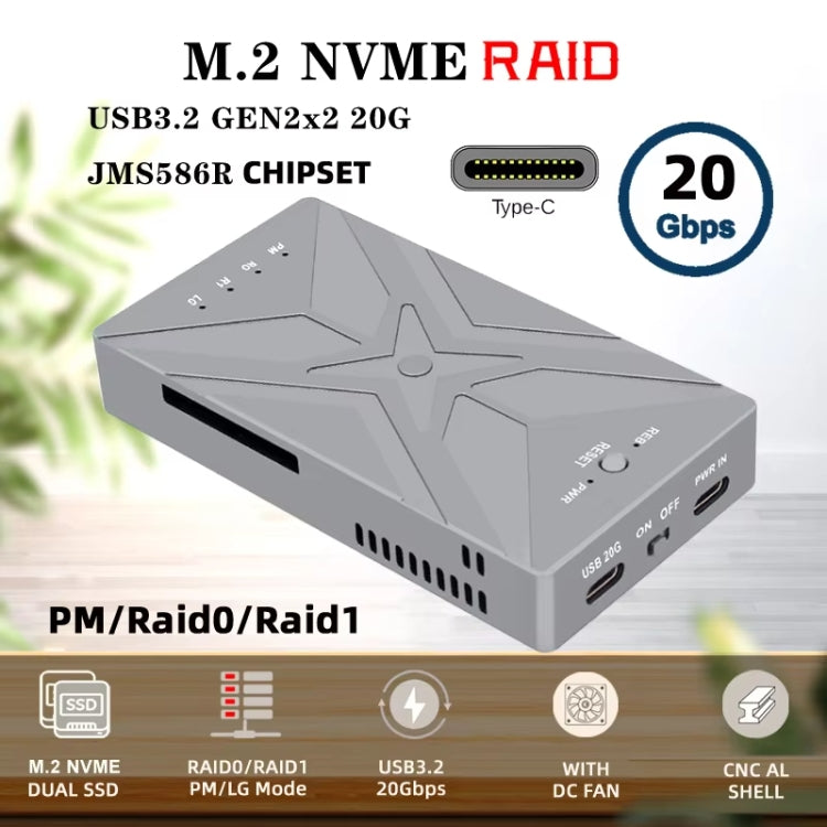 Dual M.2 NVME SSD RAID Array Mobile Hard Drive Enclosure Type-C USB3.2 GEN2x2 20G 586R(Dark Gray) by buy2fix