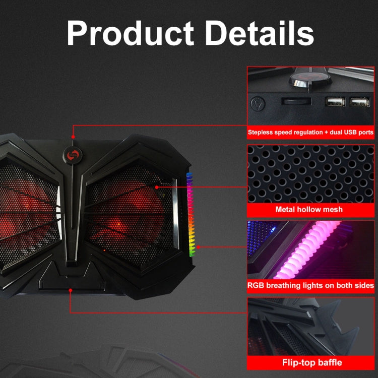YL-017 2-Fans RGB Lighting Effect Silent Adjustable Speed Laptop Cooling Stand(Black) by buy2fix